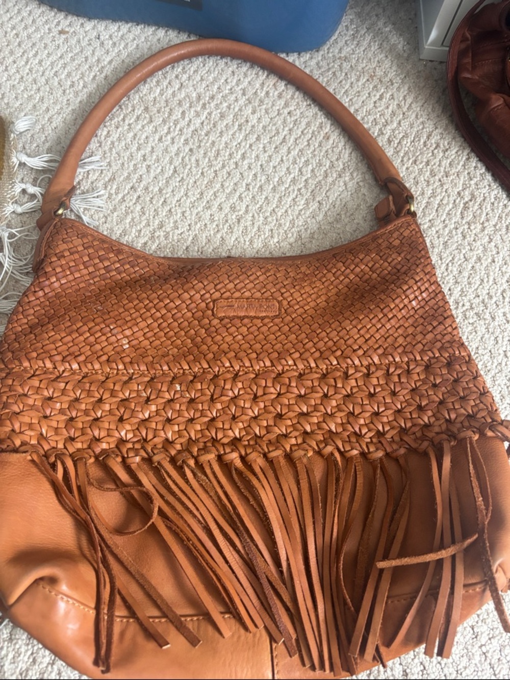 Woven Fringe Leather Shoulder Bag